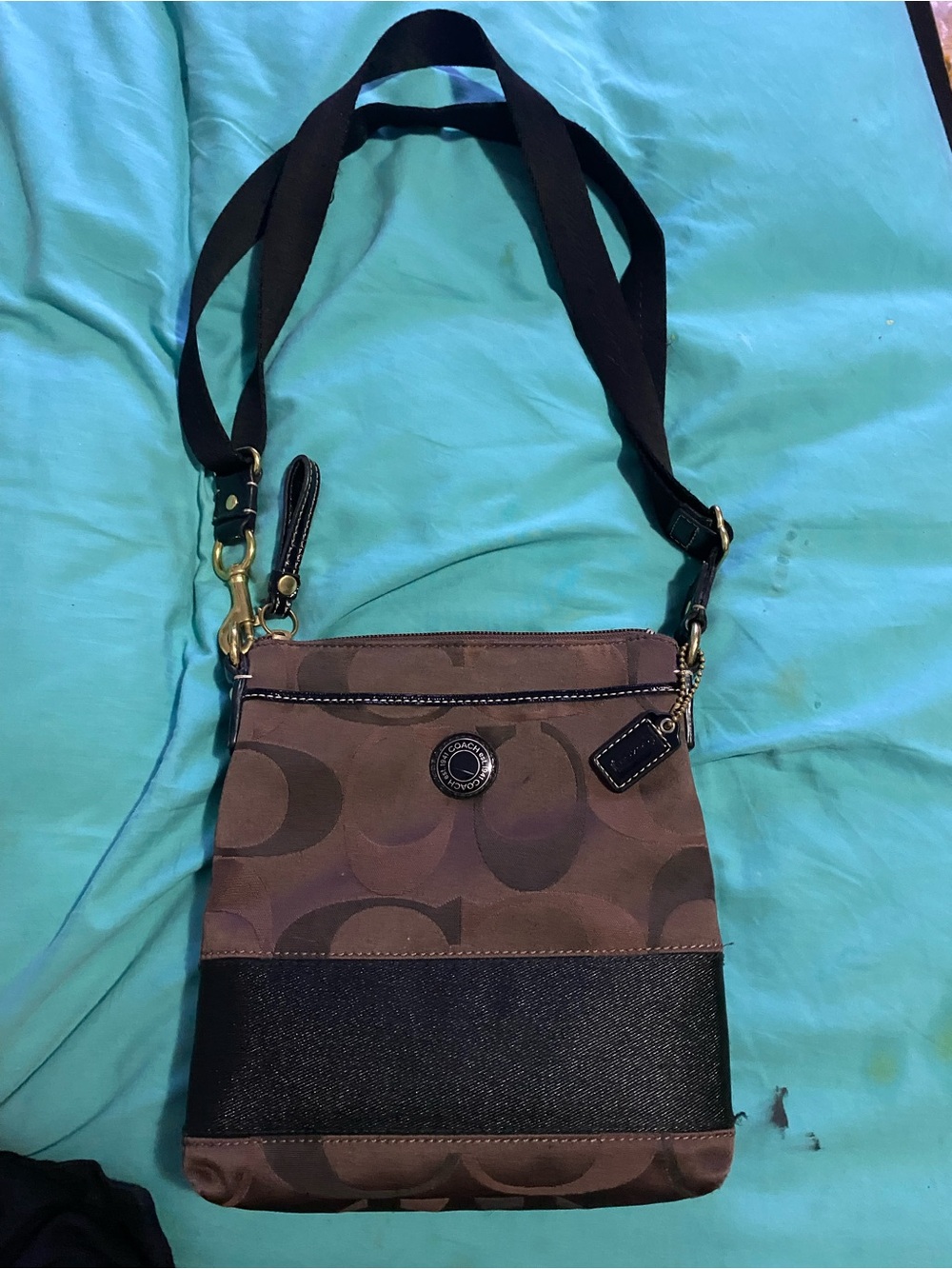 Coach Brown Signature Nylon Crossbody with Black Trim
